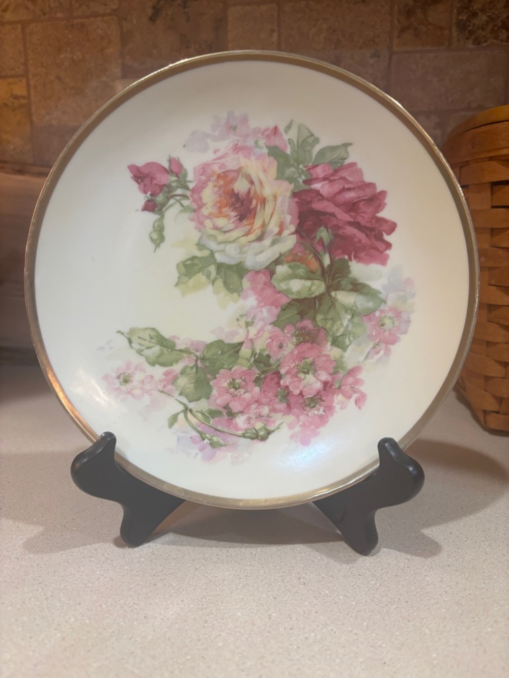 Vintage Porcelain Hand-Painted Floral Decorative Plate with Gold Rim